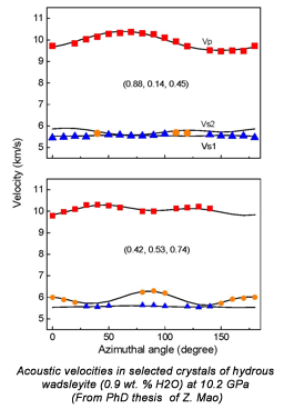 Acoustic velocities in selected crystals of hydrous wadsleyite (0.9 wt. % H2O) at 10.2 GPa (From PhD thesis  of Z. Mao)